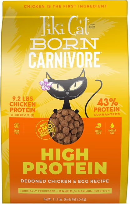 Tiki Cat Born Carnivore High Protein, Deboned Chicken &amp; Egg, Grain-Free Baked Kibble to Maximize Nutrients, Dry Cat Food, 11.1 lbs. Bag