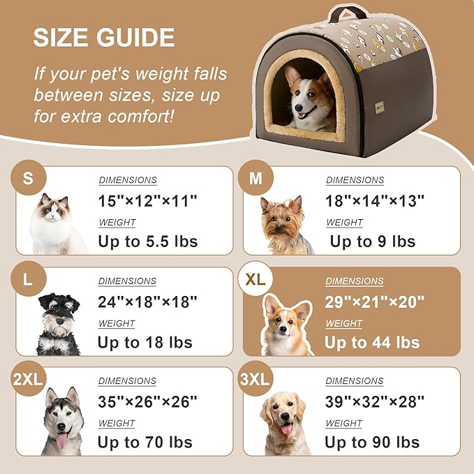 Jiupety Indoor Dog House, 2-in-1 Portable Foldable House Bed with Cover, Pet Tent &amp; Cave Bed for Medium Dogs, XL(29"×21"×20"), Up to 44 Lb, Brown