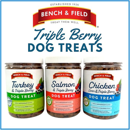 Bench &amp; Field Holistic Natural Salmon &amp; Triple Berry Dog Treats | Crunchy Bone-Shaped Bites | Antioxidant Blend, 10-Ounce Bottle