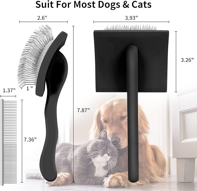 Slicker Brush for Dogs, Long Pin Dog Grooming Brush for Goldendoodles, Poodles, Doodles, Includes Pet Comb &amp; Undercoat Rake, Perfect for De-Shedding, Dematting &amp; Reducing Tangles. Large, Black