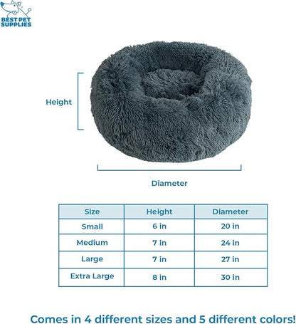 Best Pet Supplies Round Donut Dog Bed with Plush Faux Fur Fabric, Calming, Anti-Anxiety Cushion for Indoor Pets, Slip-Resistant Base, Soft Ergonomic Support - Gray, 27x27x7.5&