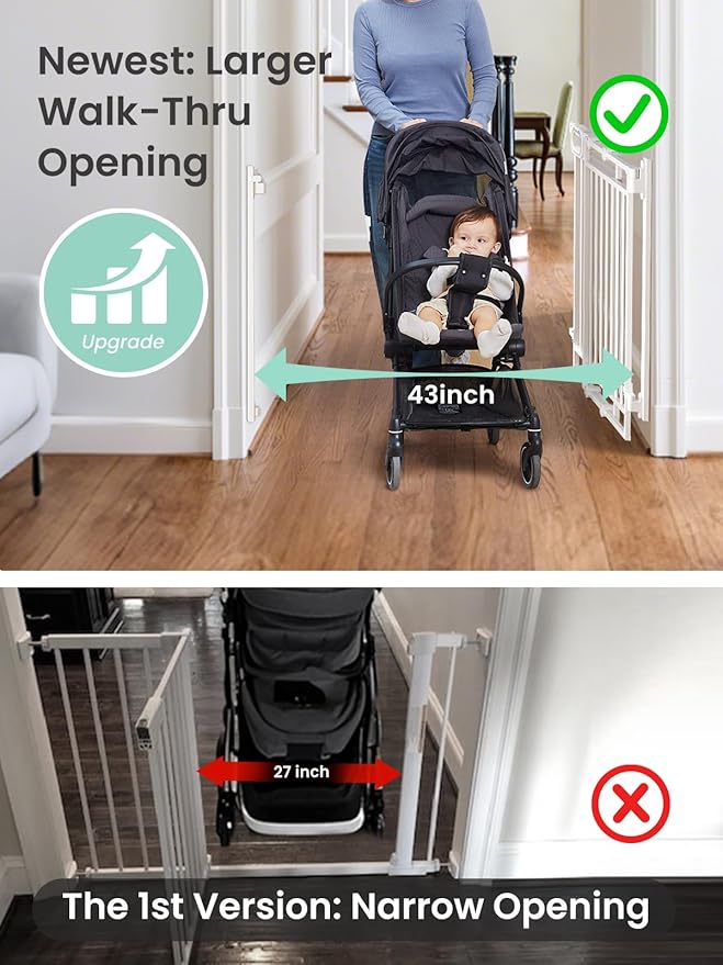 Grownsy Baby Gate for Stairs- No Bottom Bar, Adjustable Width 32” to 48” for Child and Pet, Dog Gate with Auto-Close &amp; One-Hand Operation, Screw-in Installation for Doorways and Indoor Use