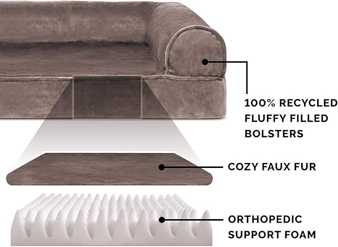 Furhaven Orthopedic Dog Bed for Large/Medium Dogs w/ Removable Bolsters &amp; Washable Cover, For Dogs Up to 55 lbs - Faux Fur &amp; Velvet Sofa - Driftwood Brown, Large