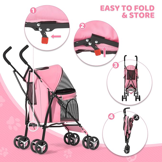 Magshion Compact Pet Stroller for Small-Medium Dogs/Cats up to 22lbs, 4-Wheel Lightweight Umbrella Shaped Portable Puppy Travel Jogger with Breathable Mesh &amp; Rear Storage, Pink
