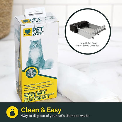Pet Zone Universal No-Touch Cat Litter Bags &amp; Waste Bag (Pet Waste Bag Great for Cat Litter Boxes) 12 Pack