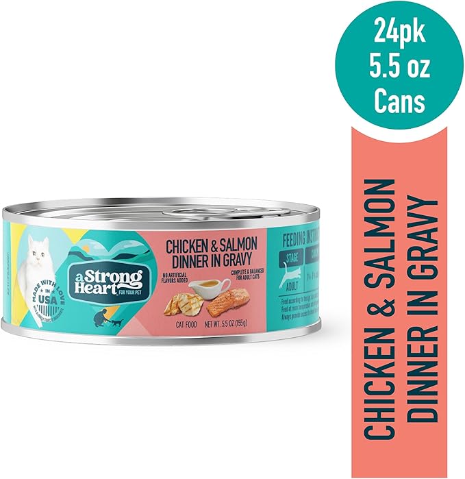 A Strong Heart Canned Wet Cat Food, Chicken &amp; Salmon Dinner in Gravy - 5.5 oz Cans (Pack of 24), Made in The USA with Real Chicken &amp; Salmon
