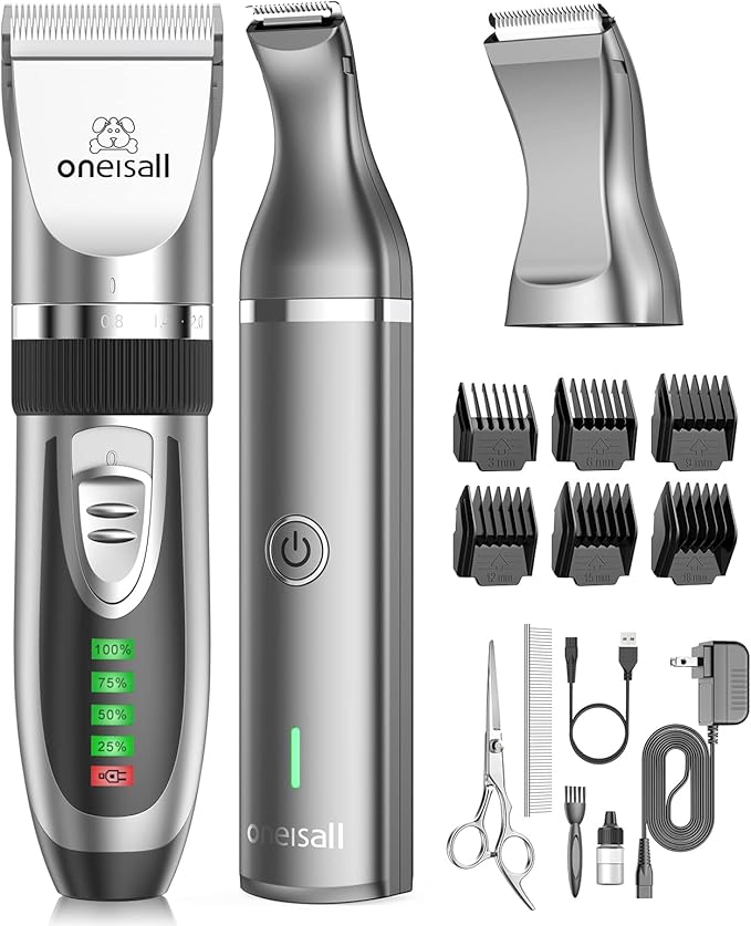 oneisall 2 in 1 Pet Cat &amp; Dog Grooming Kit - Quiet Cordless Dog Clippers &amp; Paw Trimmer for Grooming Pet Hair
