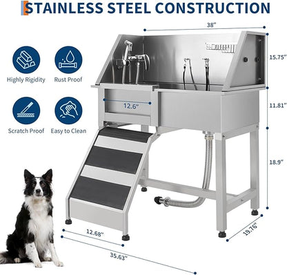 JoyJoy Stainless Steel Dog Washing Station - Dog Bath Tub for Large, Medium, Small Dogs, Pet Grooming Tub with Ramp, Non-Slip Grate, Shower, Soap Box, Faucet, Drain for Home &amp; Outdoor（38"）