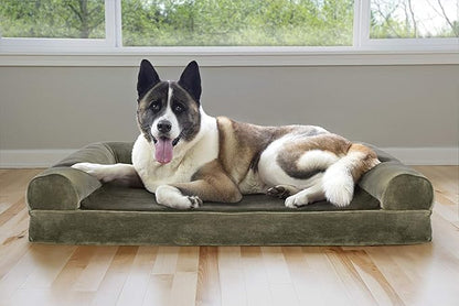 Furhaven Cooling Gel Dog Bed for Large Dogs w/ Removable Bolsters &amp; Washable Cover, For Dogs Up to 95 lbs - Faux Fur &amp; Velvet Sofa - Dark Sage, Jumbo/XL
