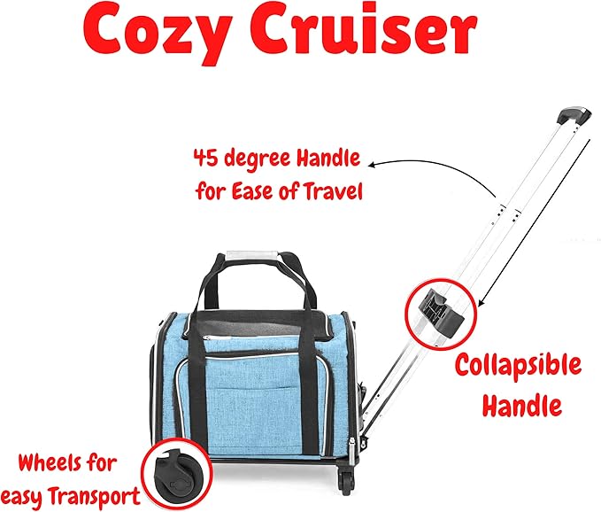 Airline Approved Expandable Premium Pet Carrier on Wheels- Two Sided Expandable Rolling Carrier- Designed for Dogs &amp; Cats- Extra Spacious Soft Lined Carrier! - Light Blue