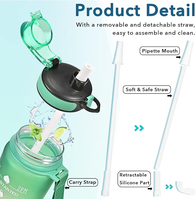 Enerbone Water Bottle, Leakproof BPA &amp; Toxic Free, Motivational Water Bottle with Times to Drink and Straw, Fitness Sports Water Bottle with Strap for Office, Gym, Outdoor Sports