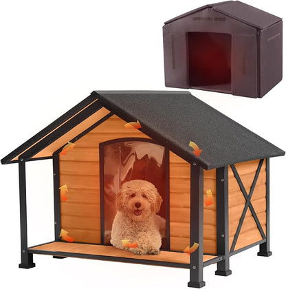 Outdoor Dog House Insulated Large Dog Kennel with Liner for Winter, Heated Dog House 100% Insulated &amp; All-Around Iron Frame