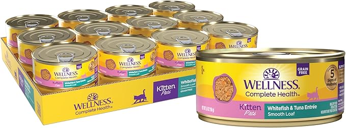 Wellness Complete Health Pate Kitten Wet Cat Food, Natural, Protein-Rich, Grain Free, 5.5 Ounce, 24 Pack, (Whitefish &amp; Tuna)