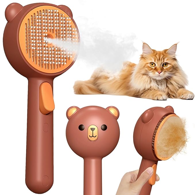 Cat Steam Brush with 2 Spray Levels &amp; Release Button, 4-in-1 IPX7 Waterproof Water Brush for Shedding Grooming, Pet Hair Removal Comb for Long Short Haired Cats Dogs, Self Cleaning Slicker