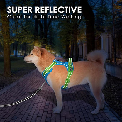 PHOEPET No Pull Dog Harness, Unique Colors Reflective Adjustable Dog Vest, with Soft Training Handle Metal Clips for Small Medium Large Dogs (Blue Base &amp; Green Straps,M)