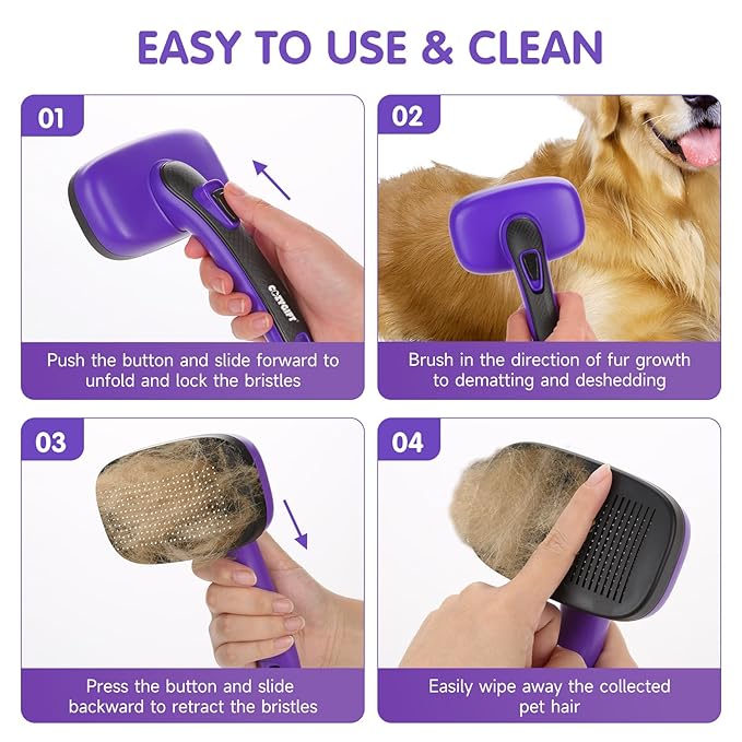 Dog Brush Kit – 3 PCS Grooming Set with Self-Cleaning Brush, Undercoat Rake &amp; Pet Bath Brush. Great for Shedding, Tangles &amp; Dirt Removal – Ideal for Long &amp; Short Haired Dogs &amp; Cats, Purple