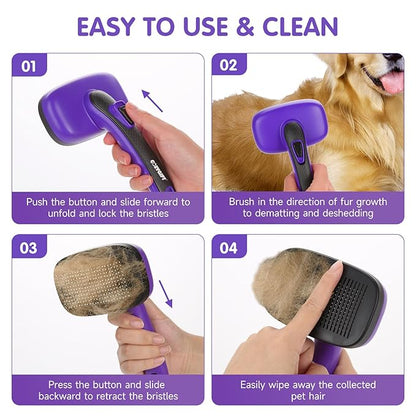 Dog Brush Kit – 3 PCS Grooming Set with Self-Cleaning Brush, Undercoat Rake &amp; Pet Bath Brush. Great for Shedding, Tangles &amp; Dirt Removal – Ideal for Long &amp; Short Haired Dogs &amp; Cats, Purple
