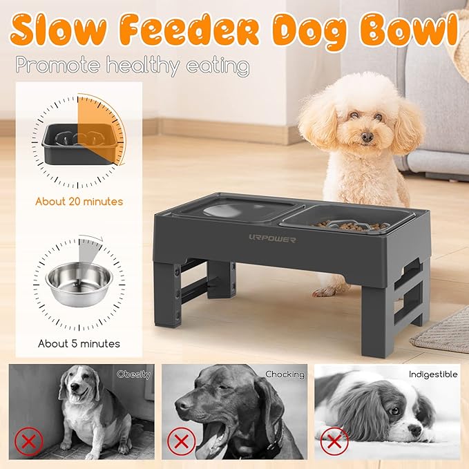 URPOWER 2-in-1 Elevated Slow Feeder with No Spill Dog Water Bowl 4 Height Adjustable Raised Bowl Stand for Small to Large Dogs, Cats &amp; Pets