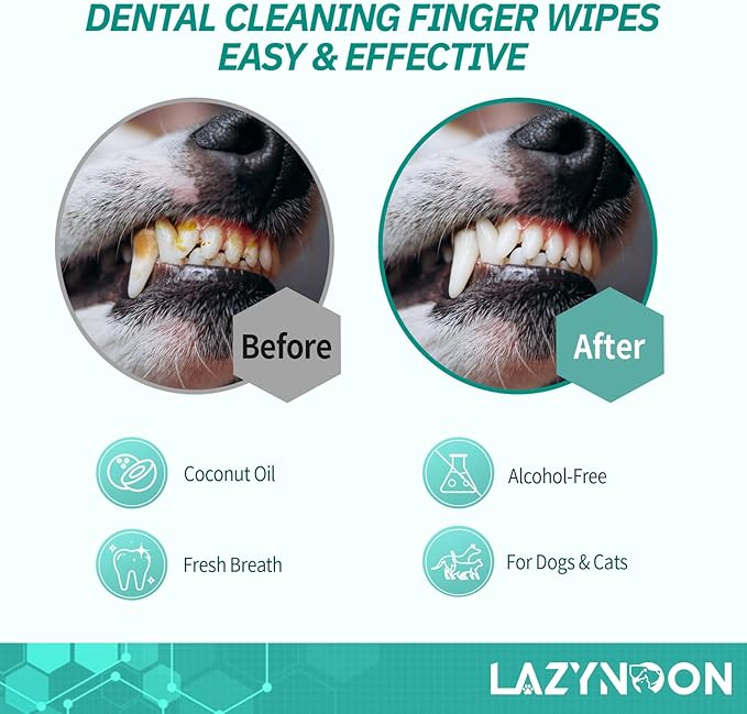 LAZYNOON Dog Teeth Cleaning Wipes - Dog Dental Wipes, Pet Dental Finger Wipes for Dogs &amp; Cats Teeth with Brushing Beads, Removes Plaque and Tartar Buildup, Freshens Breath, 60 Count