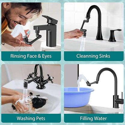 CECEFIN 1440° Rotating-Faucet-Extender Sink Aerator - 1080°+360° Large-Angle Splash Tap Extension with 2 Water Outlet, Swivel Multifunctional Robotic Arm for Kitchen/Bathroom, Black
