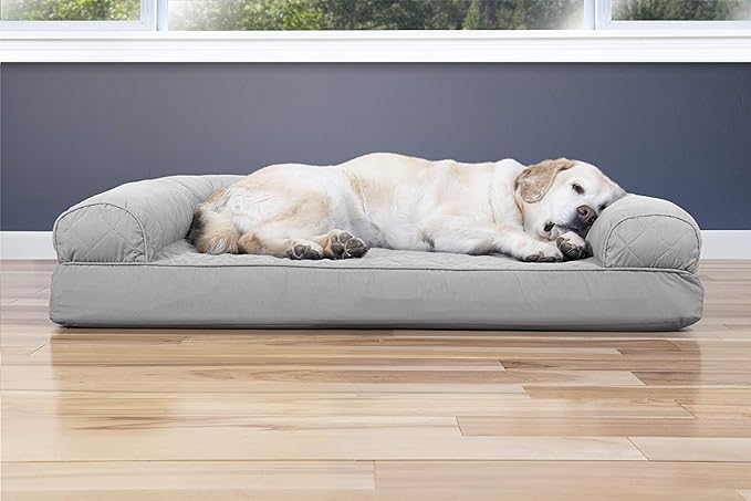 Furhaven Cooling Gel Dog Bed for Large Dogs w/ Removable Bolsters &amp; Washable Cover, For Dogs Up to 95 lbs - Quilted Sofa - Silver Gray, Jumbo/XL