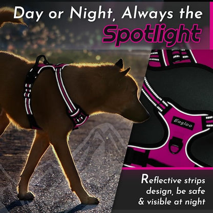 Eagloo Dog Harness Large Breed, No Pull Service Vest with Reflective Strips and Control Handle, Adjustable and Comfortable for Easy Walking, No Choke Pet Harness with 2 Metal Rings, Rose Red, XL