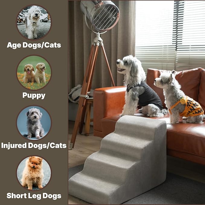MEWANG Dog Stairs for Small &amp; Medium Dogs and Old Cats –3/4/ 5 Steps High-Density Foam Pet Ramp for Bed &amp; Couch, Non-Slip, Washable Cover, Grey (Round Corner, 4 Steps: 23.94&