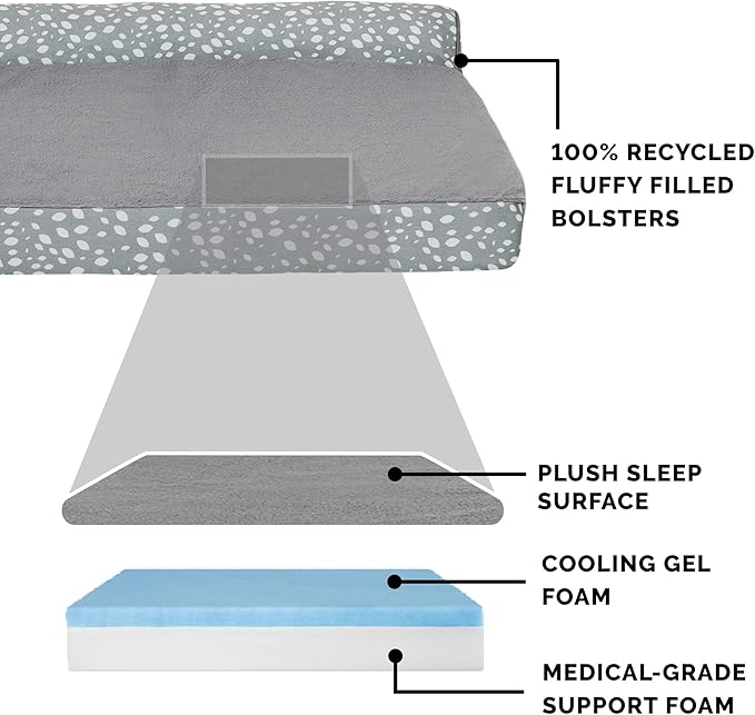 FurHaven Supportive Cooling Memory Foam L Chaise Dog Bed with Washable &amp; Removable Cover - Plush &amp; Almond Print - Gray Almonds, Dogs Up to 35 lbs - Medium