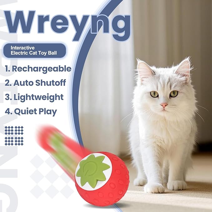 2Pcs Self-Moving Electric Cat Toy Ball with LED - Automatic Interactive Cat Toys for Indoor Cats, Smart Strawberry Design Stimulates Hunting Instincts, Boredom Relief &amp; Exercise for Solo Play