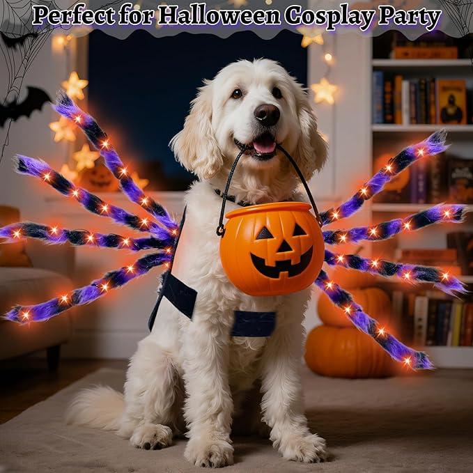 Light-Up Halloween Spider Dog Costume with Orange LED Lights, Purple &amp; Black Furry Spider Costumes for Pets, Funny Halloween Costume Outfit for Cosplay Party (XL)