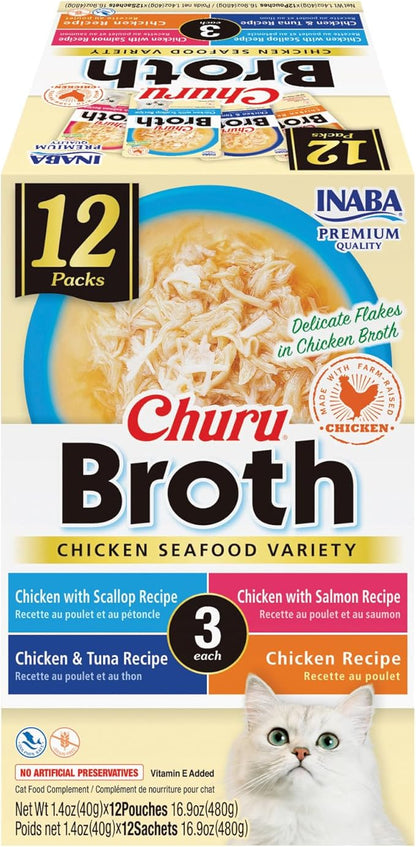INABA Churu Broth for Cats, Side Dish Pouch, 1.4 Ounces per Pouch, 12 Pouches, Chicken &amp; Seafood Variety