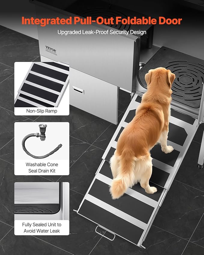 VEVOR Professional 304 Stainless Steel Dog Bathing Station, 61 inch Pet Grooming Tub w/Anti-Slip ramp, Storage Drawer, Cold Hot Faucet Showerhead for Large &amp; Medium &amp; Small (Right Door, with Drawer)