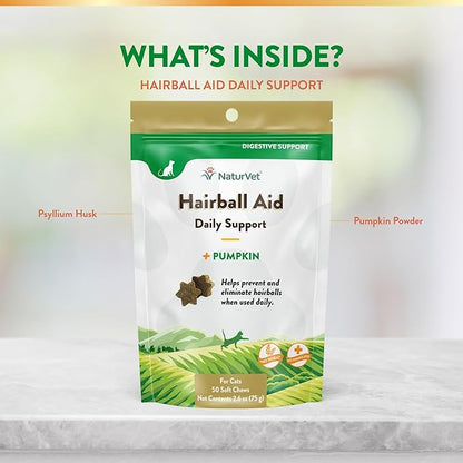 NaturVet Hairball Remedy Vitamin &amp; Digestive Aid Supplement for Cats – Pet Health Supplement for Cat Hairballs, Digestive System Support – Includes Pumpkin, Vitamins – 50 Ct.