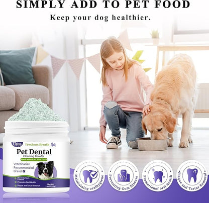 Dog Teeth Cleaning Powder, Pet Dental Powder -Dental Care, Dogs Breath Freshener with Probiotics for Tartar &amp; Reduces Plaque &amp; Bad Breath Teeth Cleaning for Small, Medium, Large Dogs 100g