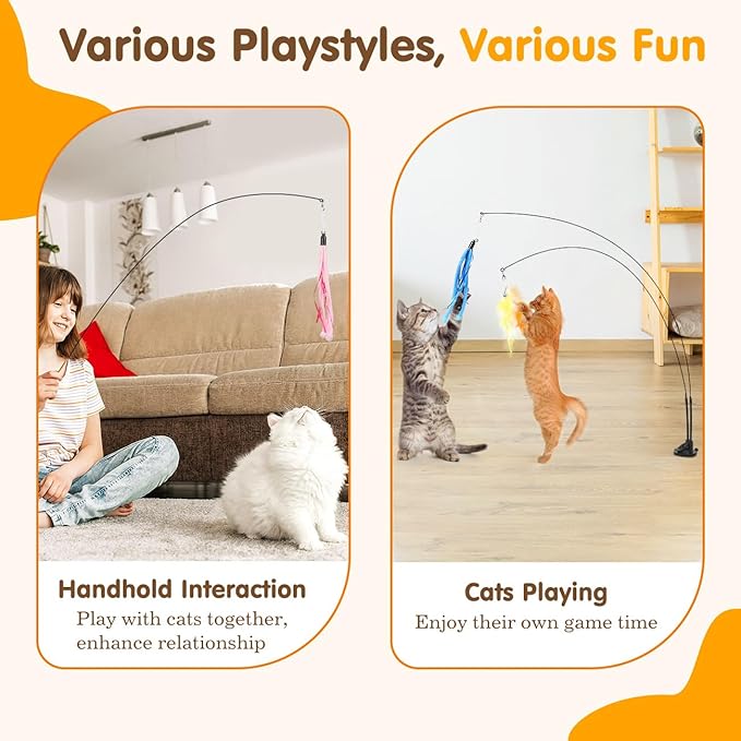 Pawaboo Cat Feather Toys, Interactive Cat Wand Toy with 2-Slot Super Suction Cup, Detachable 2 PCS Spring Cat Wand &amp; 7 PCS Cat Teaser Replacement with Bells, Funny Kitty Toys for Indoor Kittens Play