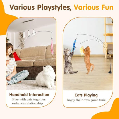 Pawaboo Cat Feather Toys, Interactive Cat Wand Toy with 2-Slot Super Suction Cup, Detachable 2 PCS Spring Cat Wand &amp; 7 PCS Cat Teaser Replacement with Bells, Funny Kitty Toys for Indoor Kittens Play