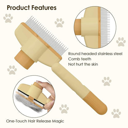 Flea Comb for Cat Hair Removal Comb, 2025 New Self-Cleaning Flea Brush for Cats and Dog, Comfort Cat Hair Removal Tool with Long &amp; Short Stainless Steel Metal Grooming Brush(Yellow)