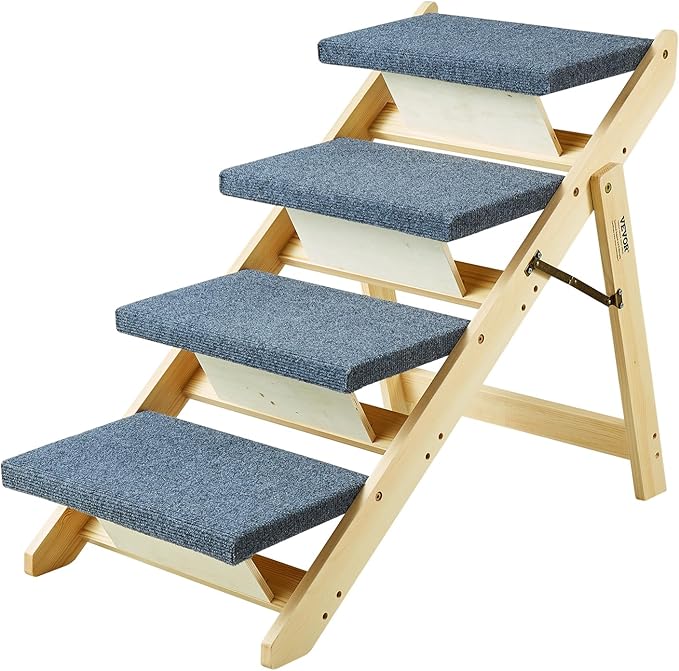 VEVOR Wood Pet Stairs/Pet Steps, 2-in-1 Foldable Wooden Dog Stair for Beds, Sofa and Cars, Dog Stairs &amp; Ramp with 4 Steps for Small Medium Large Pet, up to 150 lbs
