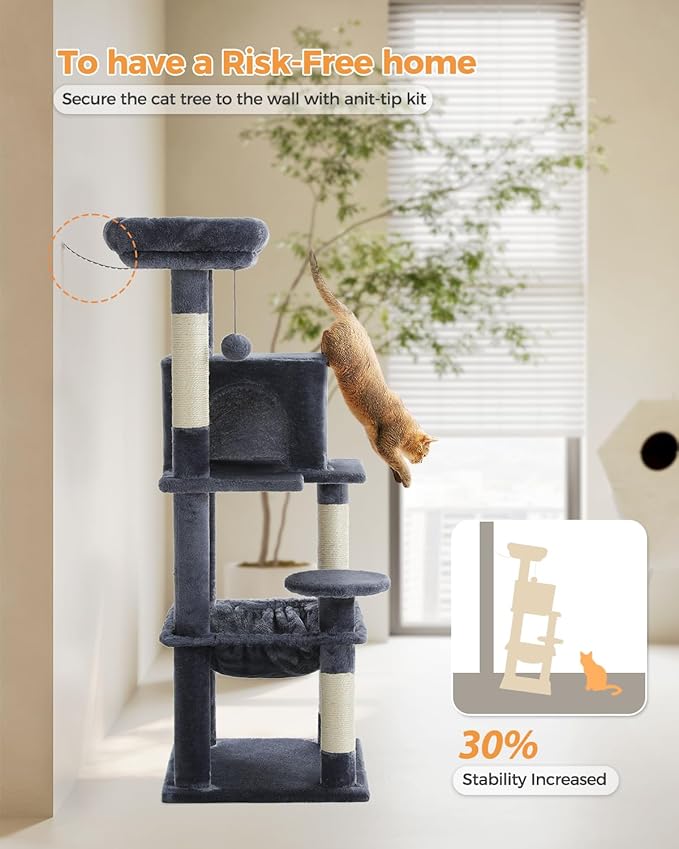 PETEPELA 45.7" Cat Tree for Indoor Cats, 5-Level Cat Tower for Large Cats with Metal Frame Large Hammock (17.3"x15.3"), Cat Condo with (18.5"x13") Big Top Perch &amp; 4 Sisal Covered Scratching Post Dark