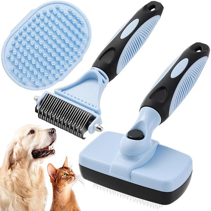 3PCS Cat &amp; Dog Brush Set: Slicker &amp; Deshedding Brush, Dematting Comb, and Bath Brush – Premium Grooming Tools for Shedding &amp; Tangle-Free Fur (blue)