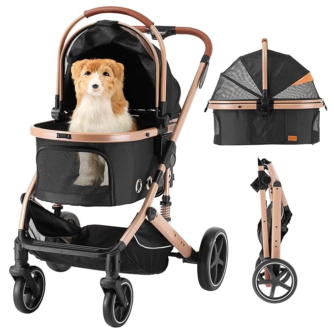 EchoSmile 4 in 1 Pet Stroller, Folding Lightweight Cat &amp; Dog Stroller with Detachable Carrier, NO-Zip 180° Reversible Canopy, All Terrain 4-Wheel,45 lbs Capacity for Small to Medium Dogs