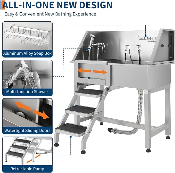 Stainless Steel Dog Washing Station - Dog Bath Tub for Large, Medium, Small Dogs, Pet Grooming Tub with Ramp, Non-Slip Grate, Shower, Soap Box, Faucet, Drain for Home &amp; Outdoor （Left RAMP, 38"）