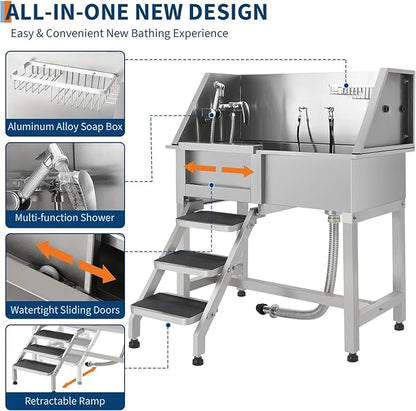 Stainless Steel Dog Washing Station - Dog Bath Tub for Large, Medium, Small Dogs, Pet Grooming Tub with Ramp, Non-Slip Grate, Shower, Soap Box, Faucet, Drain for Home &amp; Outdoor （Left RAMP, 38"）