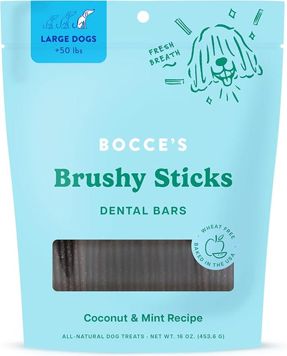 Bocce’s Bakery Dailies Brushy Sticks to Support Oral Health &amp; Fresh Breath, Wheat-Free Dental Bars for Dogs, Made with Real Ingredients, Baked in the USA, All-Natural Coconut &amp; Mint Recipe, Large Dogs