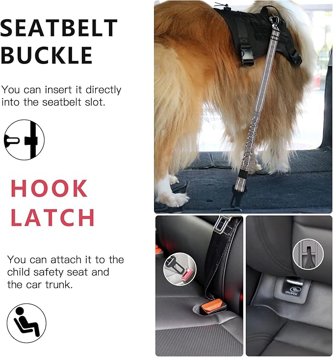 AUBELL Dog Seat Belt for Car,2 Pack Set 3-in-1 Adjustable Reflective Bungee Heavy Duty Dog Car Harness Tether with Clip Hook Latch &amp; Buckle,Swivel Zinc Alloy Carabiner,Black+Grey