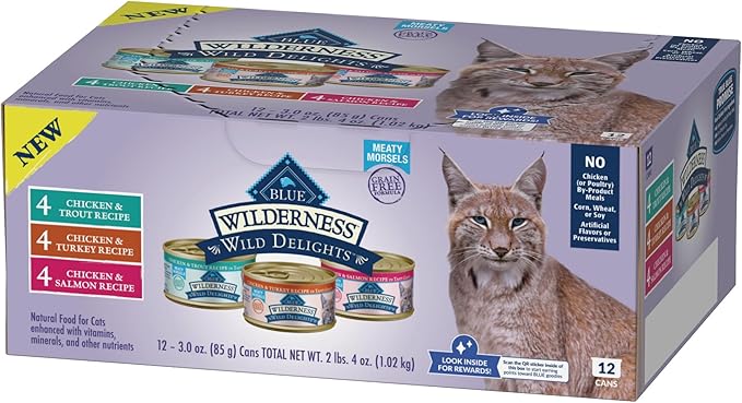 Blue Buffalo Wilderness Wild Delights High Protein Grain Free, Natural Adult Meaty Morsels Wet Cat Food, Ⲥhicken &amp; Turkey, 𝙲hicken &amp; Trout, 𝐂hicken &amp; Salmon 3-oz cans (12 count - 4 of Each Flavor)