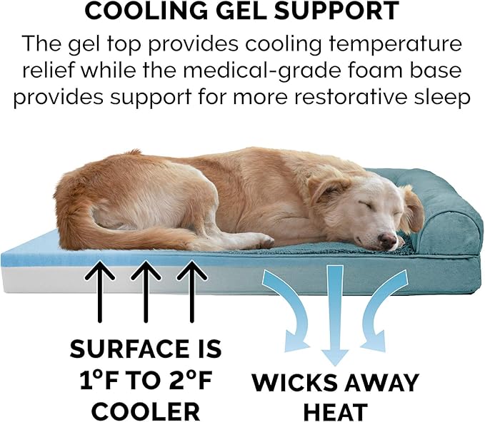 Furhaven Cooling Gel Dog Bed for Large Dogs w/ Removable Bolsters &amp; Washable Cover, For Dogs Up to 125 lbs - Plush &amp; Suede Sofa - Deep Pool, Jumbo Plus/XXL