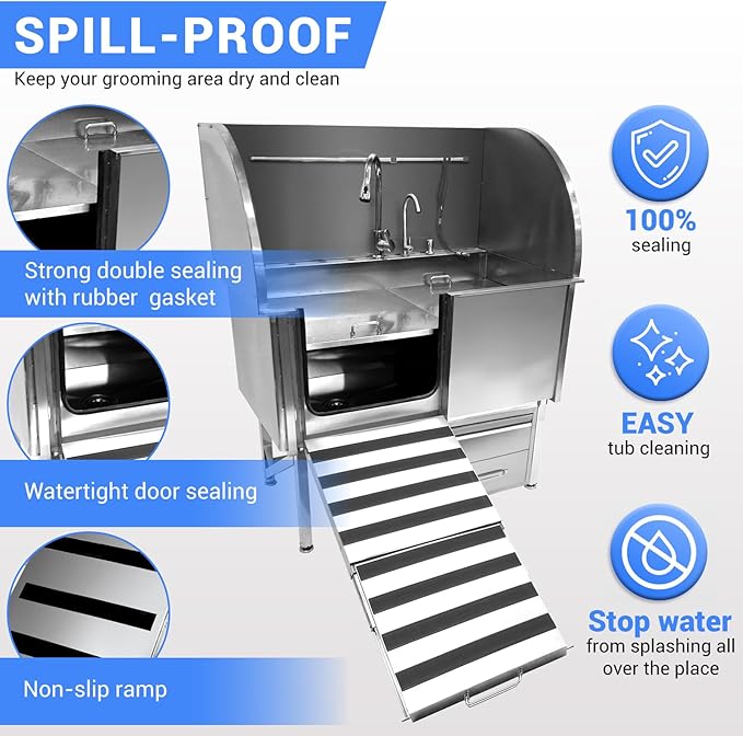 Professional Dog Grooming Tub, 62" Stainless Steel Dog Wash Station with Foldable Ramp, Storage Drawer, Floor Grate &amp; Faucet/Dog Bathtub for Large, Medium &amp; Small Pets - Left Door (62")
