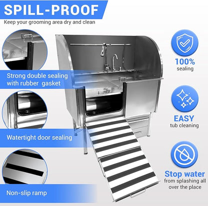 Professional Dog Grooming Tub, 62" Stainless Steel Dog Wash Station with Foldable Ramp, Storage Drawer, Floor Grate &amp; Faucet/Dog Bathtub for Large, Medium &amp; Small Pets - Left Door (62")