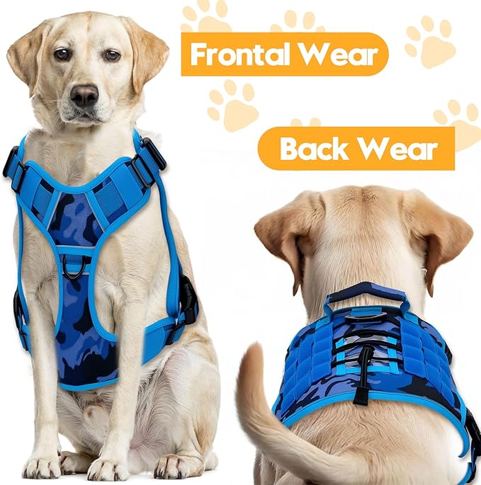 Heavy-Duty Tactical Dog Harness for Large Dogs, No Pull Adjustable Reflective Pet Vest with Molle System, K9 Military-Grade Control for Service Training, Outdoor &amp; 10+ Breeds, Blue Camo, XX-Large